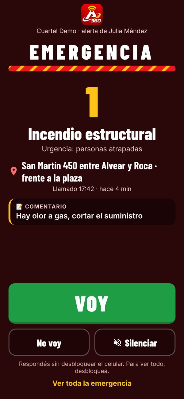 Alerta de emergencia a pantalla completa con el botón VOY